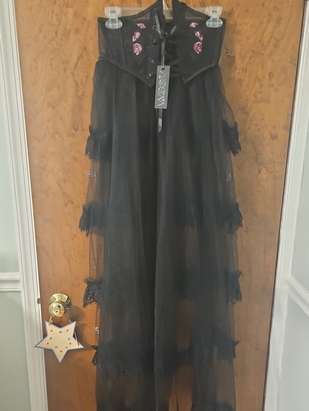 Dolls Kill Black Layered Tulle Maxi Skirt with Pink Rose Embroidery